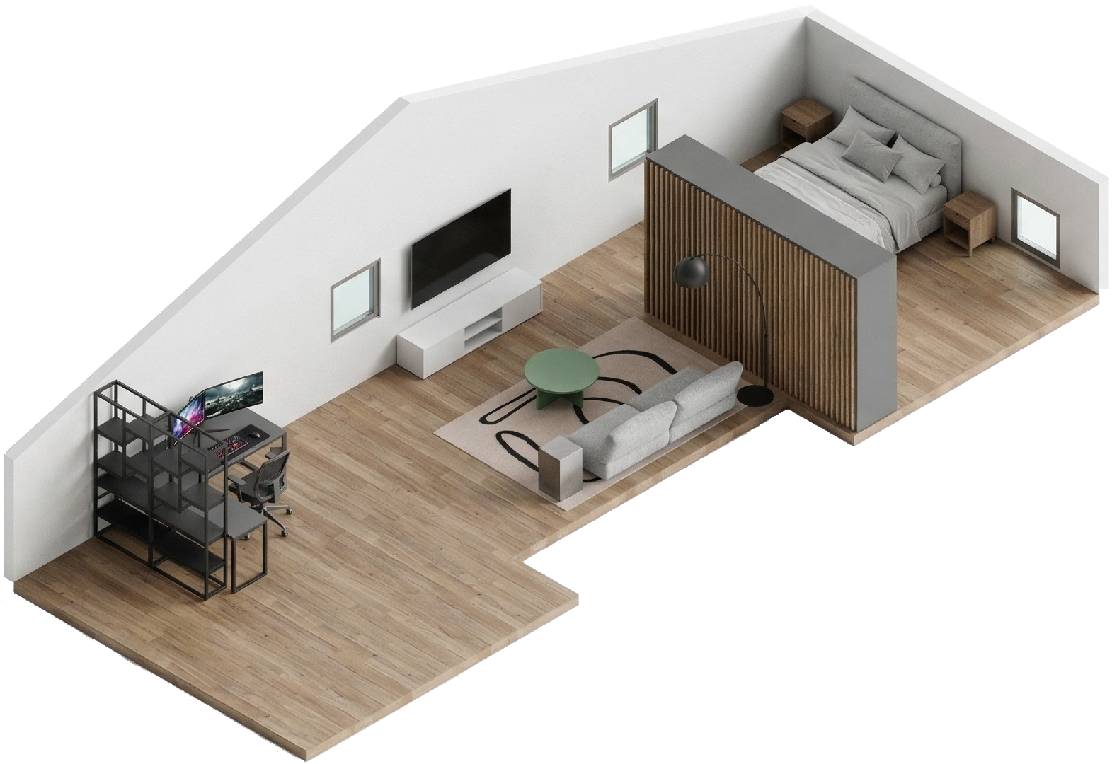 Vista isométrica 3D buhardilla juvenil